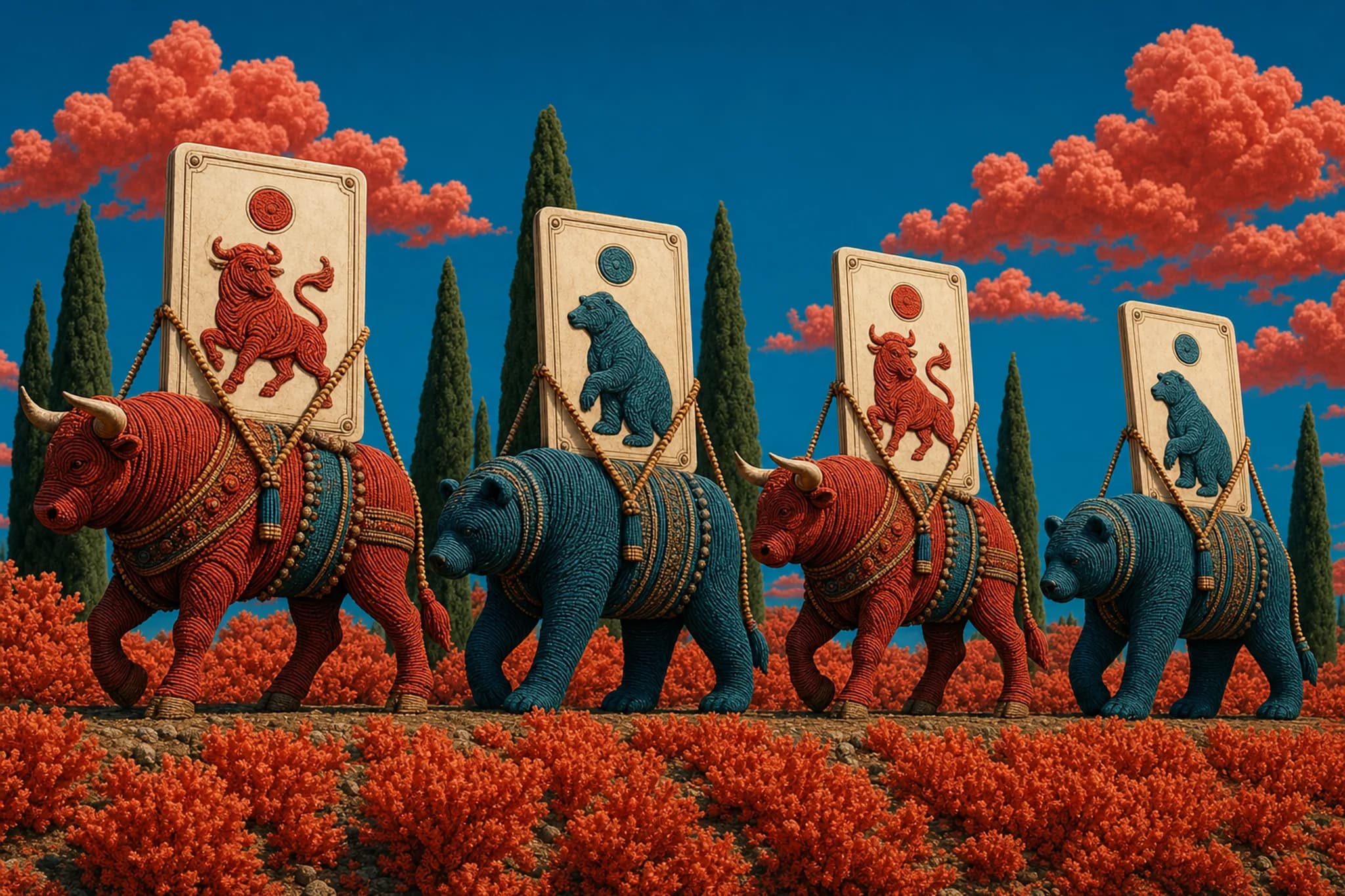 Woven bulls and bears carrying giant cards in procession